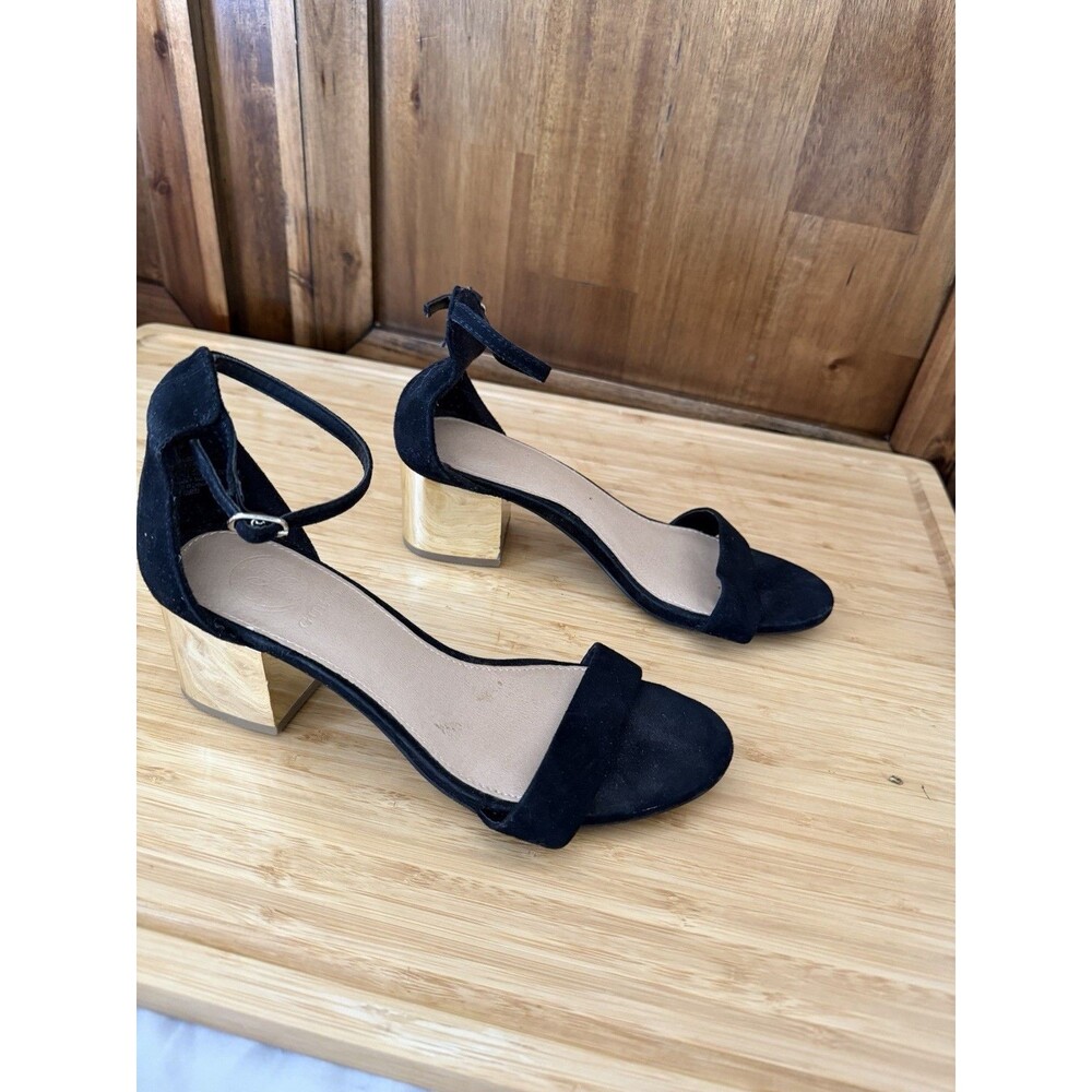 GUESS Black Suede Ankle Strap Gold Block Heel Sandals Women’s Size 6
